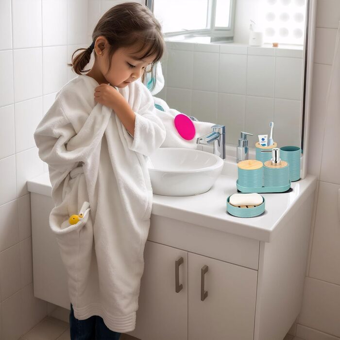 Набір аксесуарів для ванної кімнати IMAVO, 9 предметів: смітник, дозатор мила, мильниця, тримач для зубних щіток, стакан для щіток, тримач для унітазного йоржика, дозатор для ватних паличок (блакитний, 26 предметів + ПВХ-штора для душу + килимки)