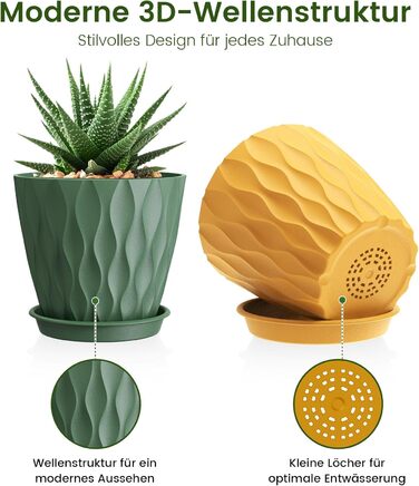 Набір горщиків для квітів 20 см, 5 шт. - пластикові горщики з піддонами та дренажними отворами, 3D-фактура, для монстери, герані та кімнатних рослин, (різні кольори, Ø 15 см, 5 шт.)