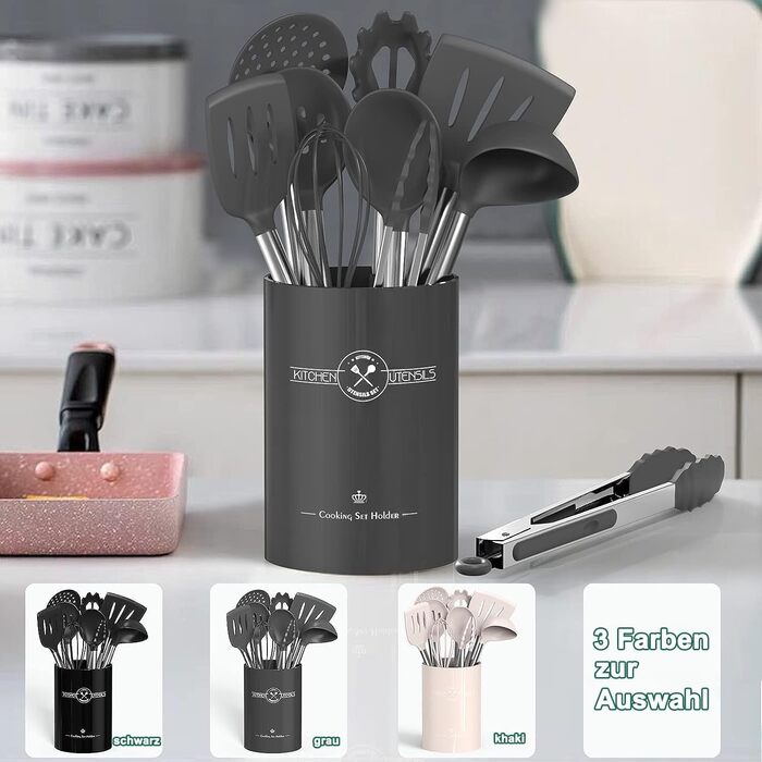 Набір кухонних помічників, 34 шт. Силіконове кухонне приладдя з нержавіючою сталею, стійке до нагріву, з тримачем для посуду, антипригарне, сірий колір