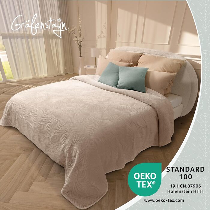 Преміум ковдра-плед Gräfenstayn 170x210 см з листяним дизайном – велюрова, м'яка, не мнеться, легка у догляді – для ліжка та дивана (бежевий)