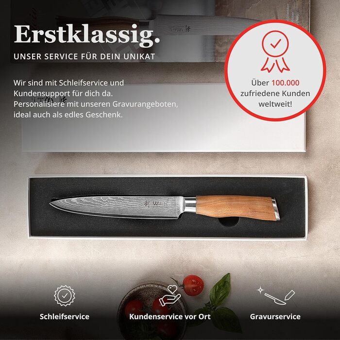 Ніж кухарський Wakoli з дамаської сталі (серцевина VG10) з 20 см лезом – гострий та збалансований – ніж з ручкою з оливкового дерева в подарунковій коробці – ніж кухарський з дамаської сталі для професіоналів та поціновувачів (ніж для нарізання)