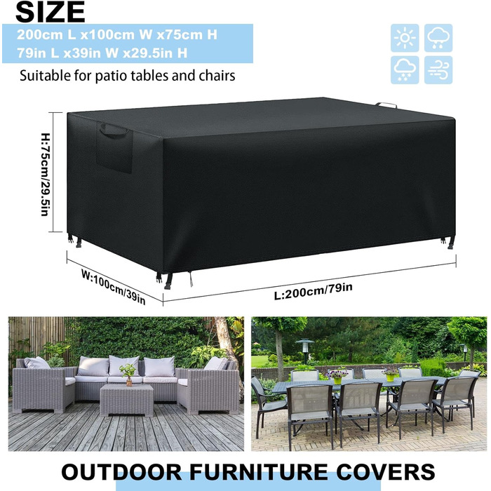 Водонепроникний чохол для садово-патіо меблів, анти-UV, міцний, 420D Oxford, чорний, 200x100x75 см
