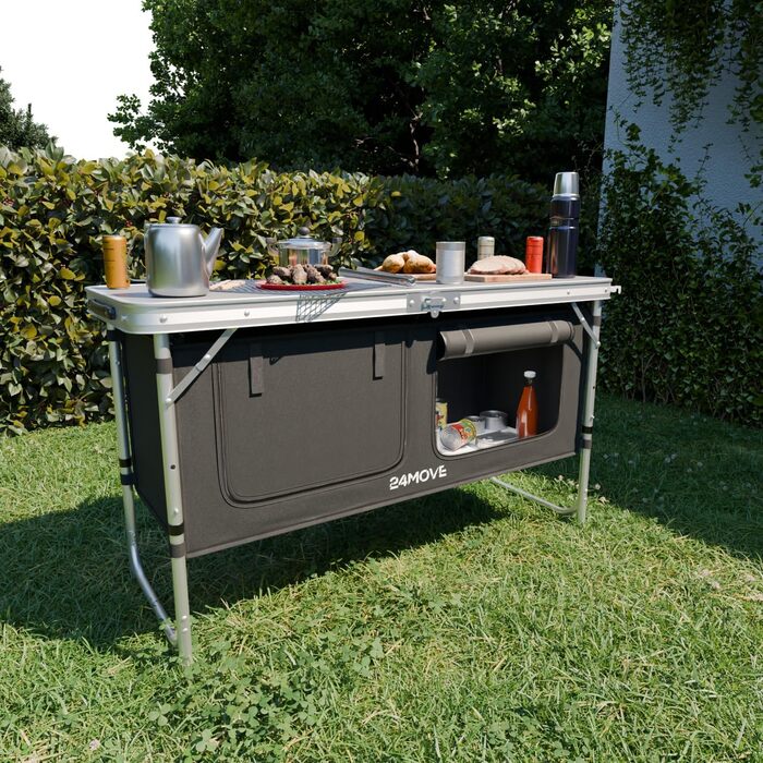 Складана туристична кухня 24MOVE® з регульованою висотою, з робочою поверхнею та відсіками для зберігання, чорна