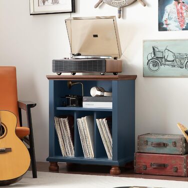 LELELINKY Підставка для програвача, полиця для платівок, містить до 200 платівок, великий дерев'яний стіл для програвача, полиця для платівок у вітальню, спальню, офіс (Блакитний)