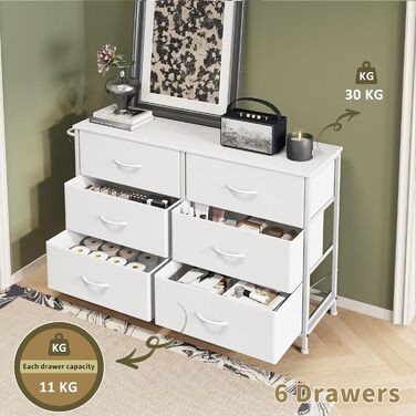 Комод Flur з 6 висувними ящиками з тканини - промисловий комод для вітальні з металу - комод для передпокою в стилі рустік - комод для спальні з тканини для одягу - білий 100x30x65 см, 6 ящиків - 100x30x65 см білий