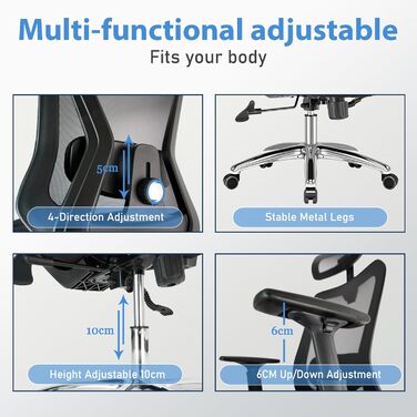 Ергономічне крісло для офісу з підголівником та підтримкою попереку, регульовані підлокітники та висота, поворотне крісло з регулюванням нахилу 90°-130° (фіксація), вантажопідйомність до 150 кг