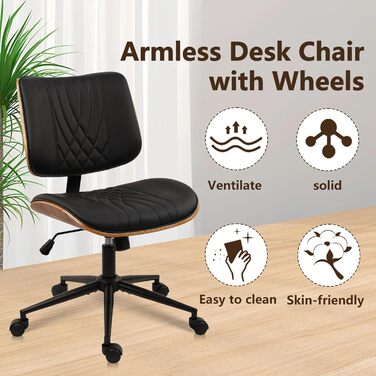 Крісло офісне без підлокітників Clatina з роликами, регульоване по висоті, шкіряне, поворотне, для комп'ютера, середньою спинкою, сучасний стиль горіх, для home office, робочого кабінету, конференц-залу, біле (чорне), 1 шт.