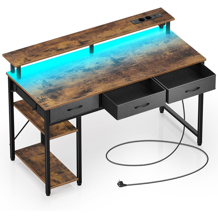 Комп'ютерний стіл Rolanstar з ящиками, розетками та LED підсвіткою, ігровий стіл з підставкою для монітора, полиця та 2 гачки, для офісу та вітальні (білий, 100x47x90,5 см), вінтажний коричневий (137 см)
