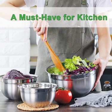 Набір місок для перемішування, 5 шт. з нержавіючої сталі, салатник з кришкою для кухні, приготування їжі, випічки, з 6 мірних ложок та вінчиком
