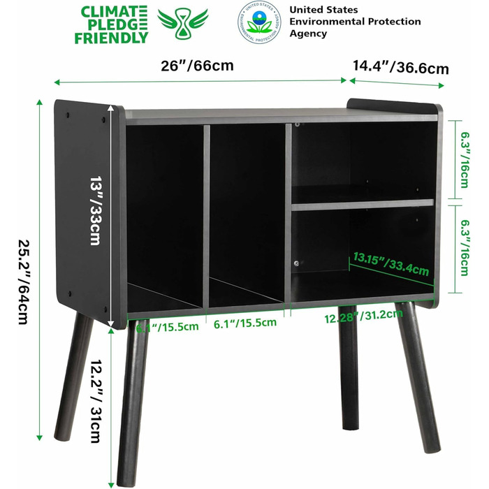 Стіл для програвача вінілу, стійка для програвача середини століття з місцем для зберігання до 150+ платівок, шафа для платівок з регульованими полицями, чорний