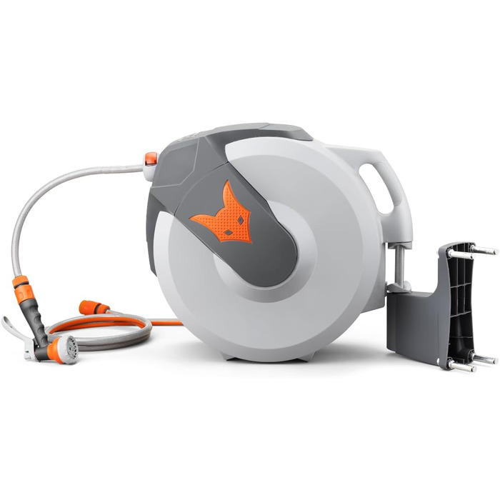 Автоматичний шланг для саду Fuxtec FX-WSA30 – 30 метрів, ½ дюйма, з роликом для стіни, включаючи ручну лійку та з'єднувачі, поворотний на 180°, оранжевий