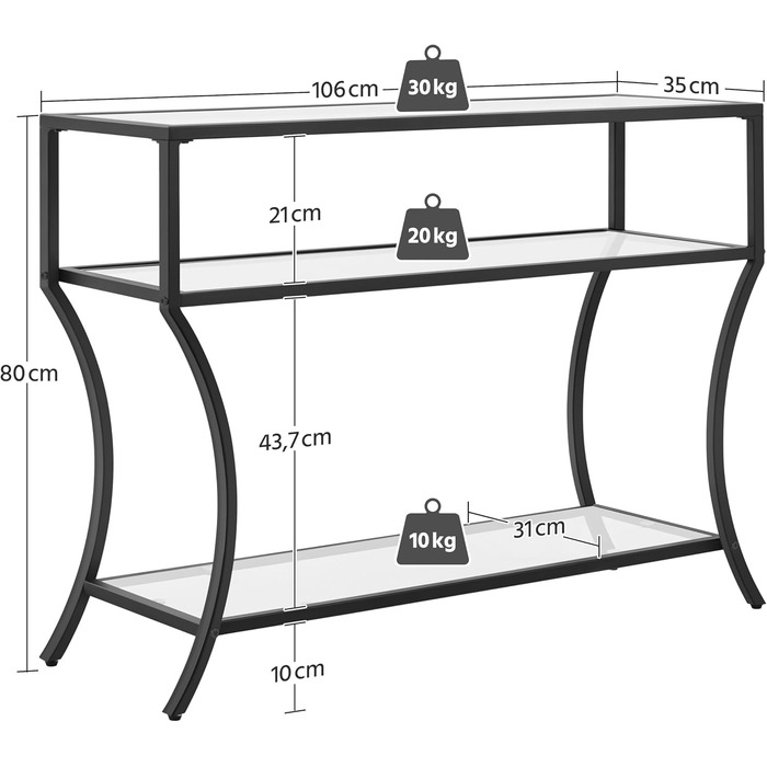 Консольний стіл Yaheetech з 3 полицями та регульованими ніжками, загартоване скло та металевий каркас, 106 35 80 см