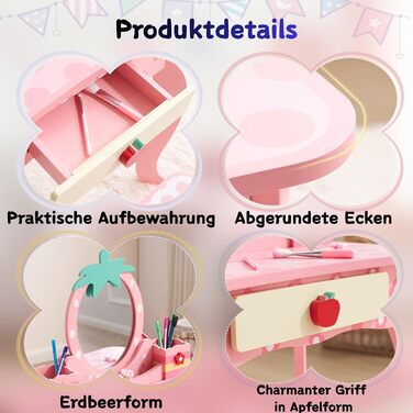 Детский туалетный столик LEADZM с пуфом для девочек, с двумя зеркалами 180°, с ящиком, белый и розовый, для детей 3-9 лет