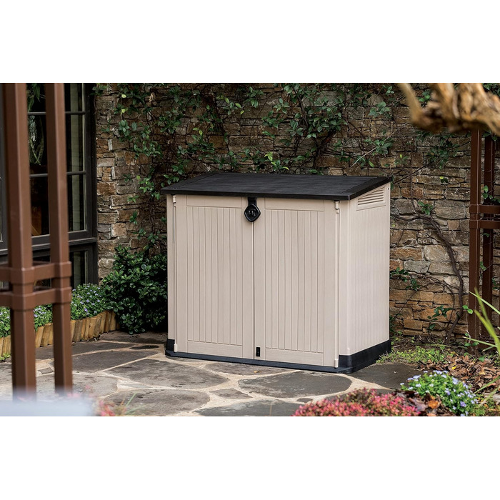 Мультифункціональний ящик для сміття Keter Store-it-Out Midi 845 л, 130x74x110 см, поліпропілен, сірий/чорний, захист від УФ, водонепроникний, з можливістю замикання