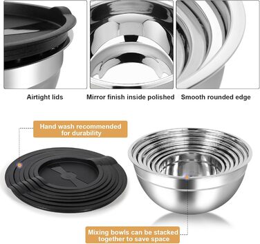 Набір мисок Cinnani з нержавіючої сталі, 8 шт. з кришками: для салатів, приготування їжі, міксеру. Багатофункціональні, стекувальні миски.