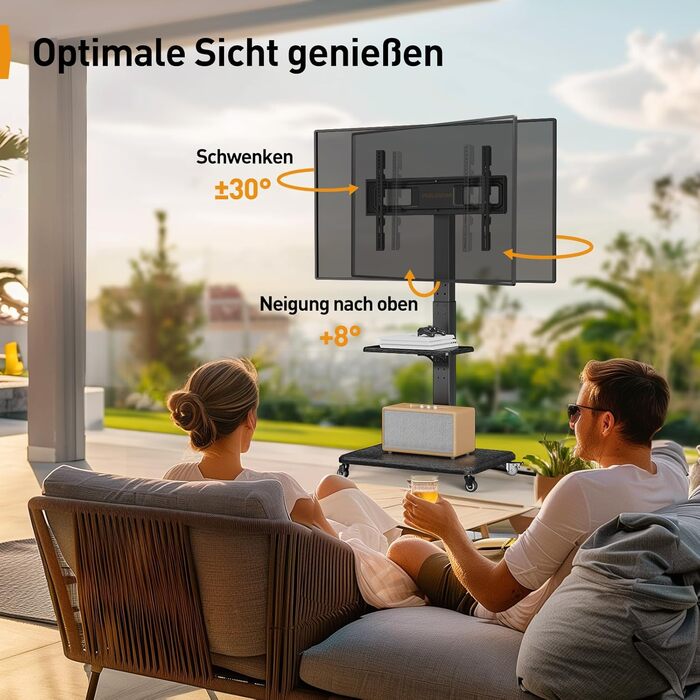 Підставка для телевізора Perlegear на коліщатках, 32-75 дюймів, до 50 кг, регульована по висоті, поворотна, нахильна, з підсвічуванням, VESA 600x400 мм, PGTVMC27