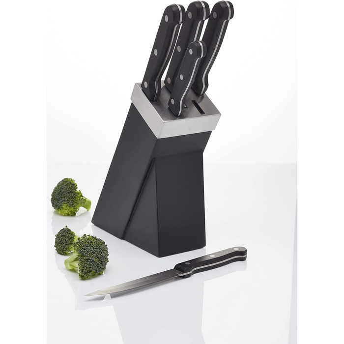 Набір ножів KitchenCraft з підставкою (5 шт.) з нержавіючої сталі, з нержавіючої сталі, з приглушеними ручками, миється в посудомийній машині, срібно-чорний, 15 x 8 x 29,5 см