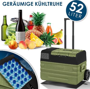 Автомобільний компресорний холодильник KESSER 42L з Wi-Fi, 12/24/230V, до -20°C, з колесами та телескопічною ручкою для кемпінгу, фургонів, вантажівок + 2 акумулятори холоду (52л, Хакі)