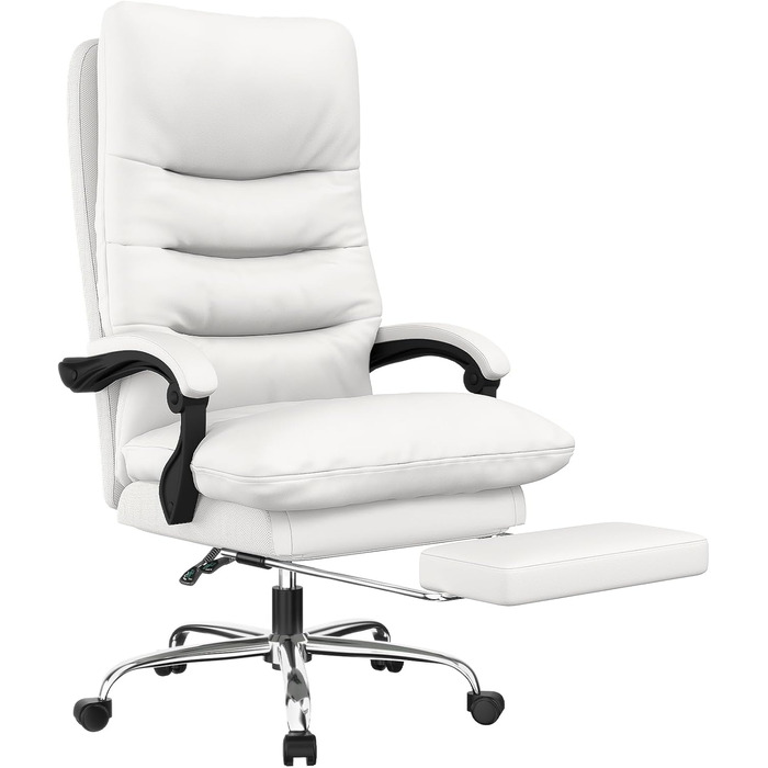 Ергономічне крісло для офісу Naspaluro з підніжкою, комп'ютерне крісло з двошаровою подушкою, високою спинкою, функцією відкидання, регулюванням висоти, з PU-шкіри, до 150 кг (Білий, Штучна шкіра)