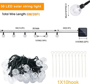 Вулична сонячна гірлянда, SUWITU 8 метрів 50 Світлодіодна Вулична Сонячна струнна лампа з 8 режимами і таймером, стійка до атмосферних впливів зовнішня сонячна лампа