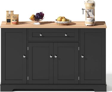 Багатофункціональний буфет для кухні – комод 138 см з ящиком, полицями з дверцятами та регульованими полицями – з кріпленням від перекидання, для кухні, вітальні та спальні, чорний