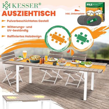 Розсувний садовий стіл KESSER® 180/240x90 см для 8 осіб, з металевим каркасом та стільницею HDPE, стійкий до погодних умов та UV-випромінювання, в комплекті 6 підставок під горнятка