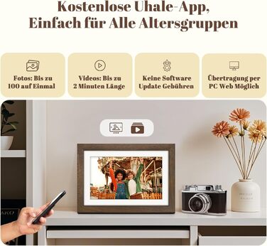 Цифровий фоторамка Eptusmey 10.1 дюймів з Wi-Fi, дерев'яний корпус з дуба, 32GB, HD IPS сенсорний екран 1280x800, відтворення фото/відео через Uhale APP, подарунок для чоловіків та жінок, колір A-Білий