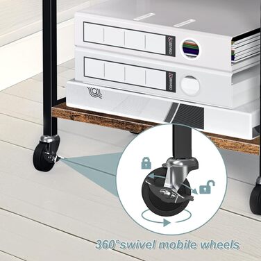 Двоярусний столик для принтера з роликами, 30x42x37 см, дерев'яний та металевий, мобільний, для офісу та вітальні (колір: коричневий)