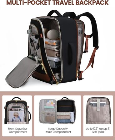 LOVEVOOK Рюкзак для ручної поклажі, дорожній рюкзак для жінок, водонепроникний, з відділенням для взуття, 17-дюймовий ноутбук, 40L, 45x36x20 см, Carry on Luggage (Чорний+сірий+коричневий)