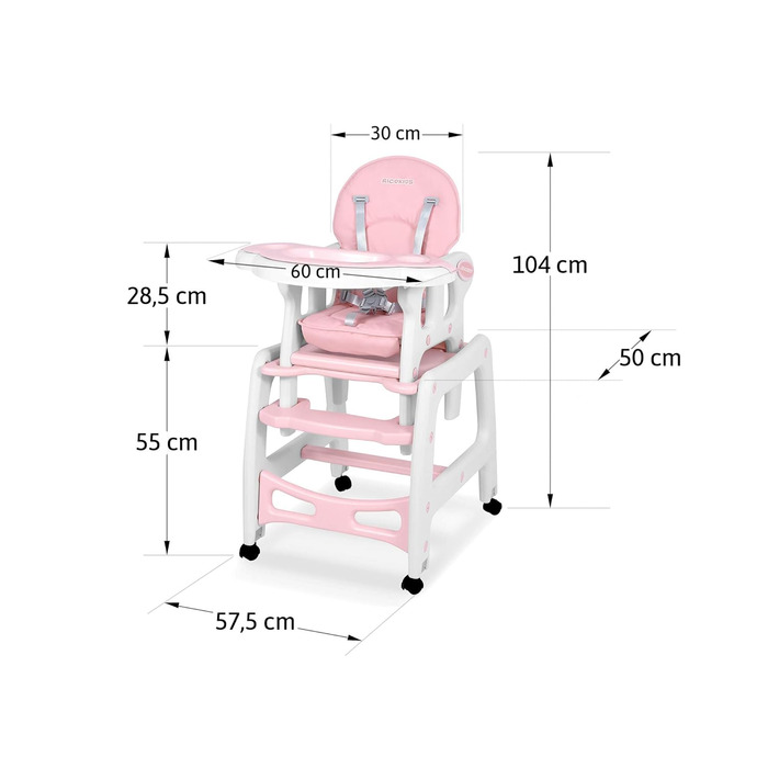 Дитячий стільчик Ricokids Sinco 5в1 - регульований, з функцією гойдання, рожевий