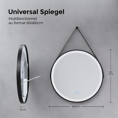 Дзеркало для ванної кімнати з підсвічуванням 60см, кругле LED дзеркало з LED-підсвічуванням, 3 кольори світла, регулювання яскравості, сенсорне управління, чорна рама, знімний монтаж 60x60 см