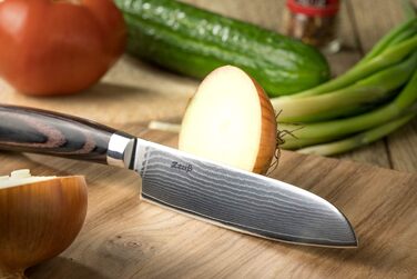 Ніж Santoku ZEUß Damast (24 см) - професійний кухонний ніж з дамаської сталі 67 шарів, з точильним каменем, дерев'яною ручкою та захистом леза, подарункова коробка
