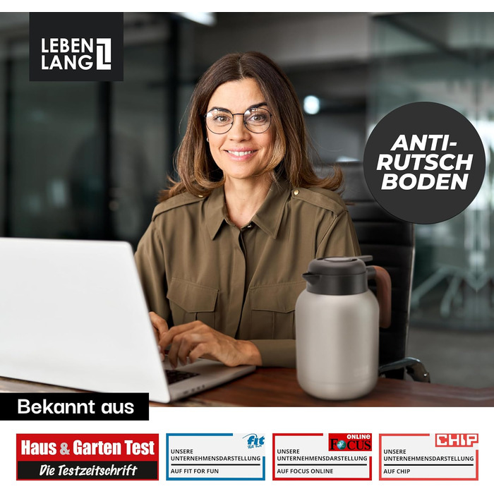 Термос LEBENLANG 1,5L з керамічним покриттям - з ситом для чаю | 24 години зберігає тепло | Термокана для кави та чаю | Сріблястий