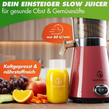 NUTRI-PRESS повільний соковитискач для фруктів та овочів, електричний, 2 отвори для завантаження, тихий, з пляшкою для соку To Go та додатком з рецептами, рожевий
