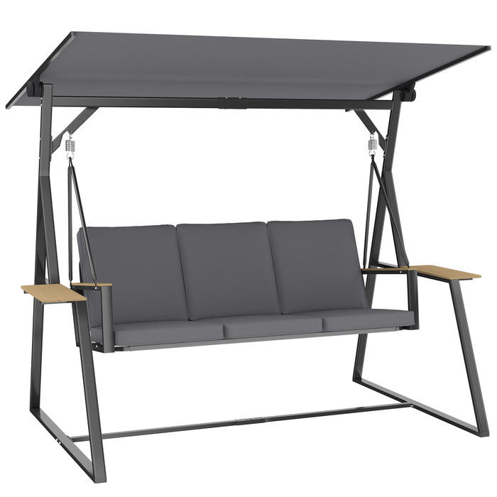 Гойдалка садова для трьох осіб з регульованим дахом, подушками та підставками для напоїв, вантажопідйомність 360 кг, сіра