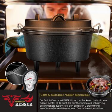 Набір голландських казанів KESSER® BBQ Feuertopf: 13.6 л, чавун, з кришкою-підйомником, ручкою та отвором для термометра. Ідеально для приготування на грилі, на відкритому вогні та в приміщенні.
