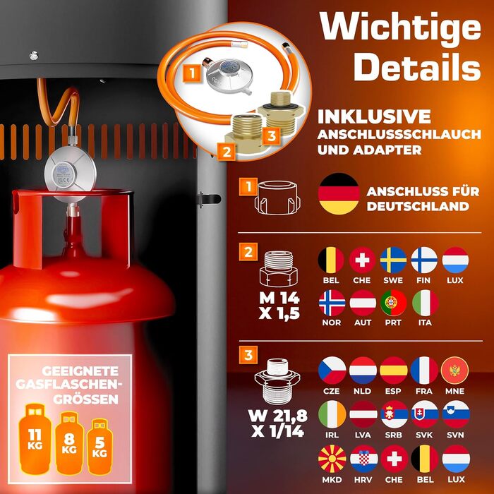 Газовий обігрівач TRESKO® 11 кВт на колесах | Для тераси, балкону та саду | Газовий нагрівач-гриб з регулятором та шлангом (Чорний)