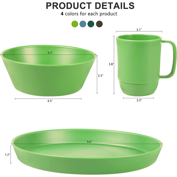Пластикові набори посуду Greentainer / Легкий і небиткий комплект посуду, Набір тарілок, мисок,чашок, сервіровка столу