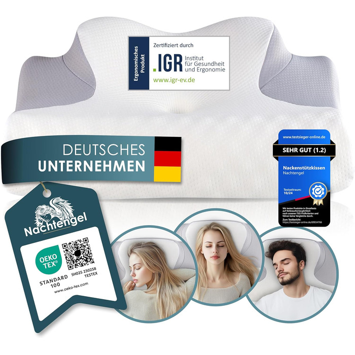 Ортопедична подушка Nachtengel – ергономічна подушка для шиї з Memory Foam, проти хропіння, підтримка шиї для тих, хто спить на спині, животі та боці, біла та сіра