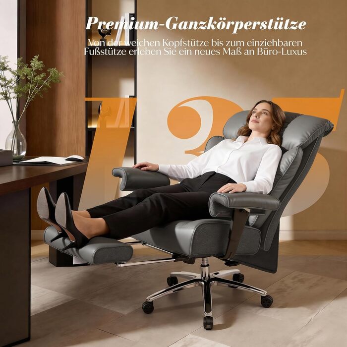 Офісний крісло Efomao XXL 200 кг з підставкою для ніг, сіре. Крісло для керівника з екошкіри, висока спинка, регульовані підлокітники, підтримка попереку для дому та офісу.