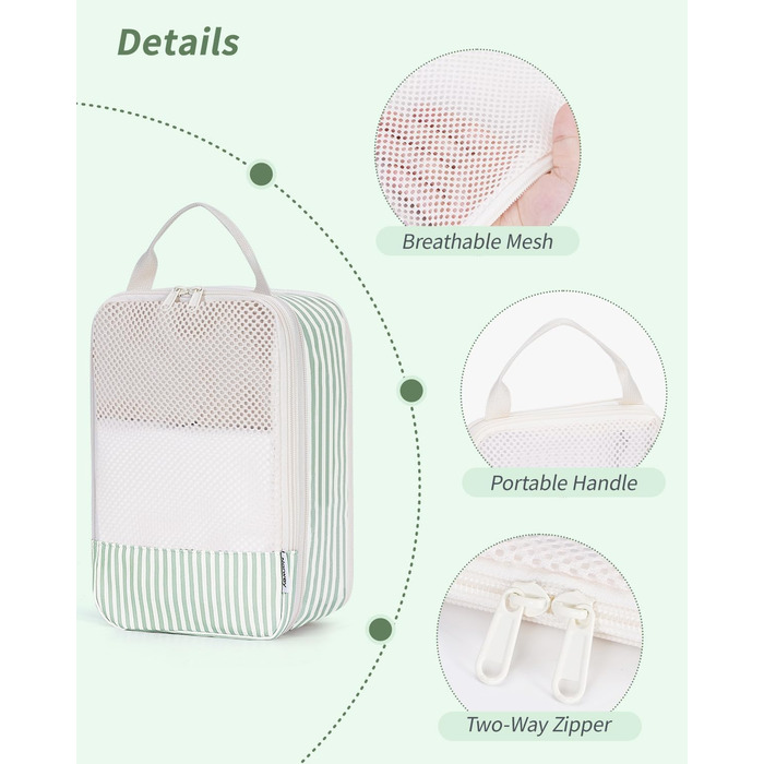 Набір органайзерів для валізи та рюкзака Narwey, 6 шт, компресійні органайзери для одягу та речей у подорож, світло-зелені смужки