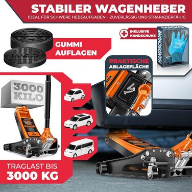 Гідравлічний домкрат MASKO 3T з низьким профілем (85-460 мм), 3 гумові накладки, для автомобілів SUV, 360° колеса, рукавички в комплекті. Підйомник-опора до 3 тонн (Помаранчевий)