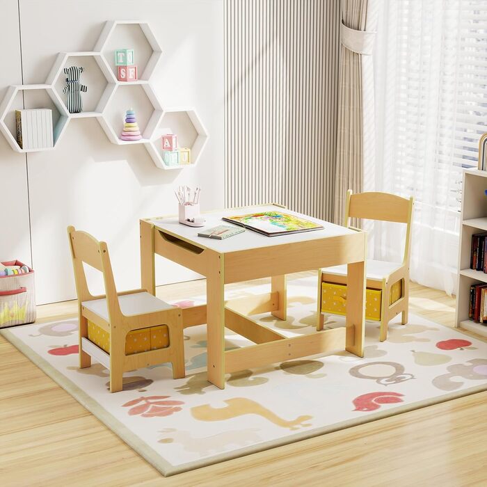 Дитячий меблевий набір GOPLUS 3в1: стіл та 2 стільці, дерев'яний, з місцем для зберігання, для дому, жовтий