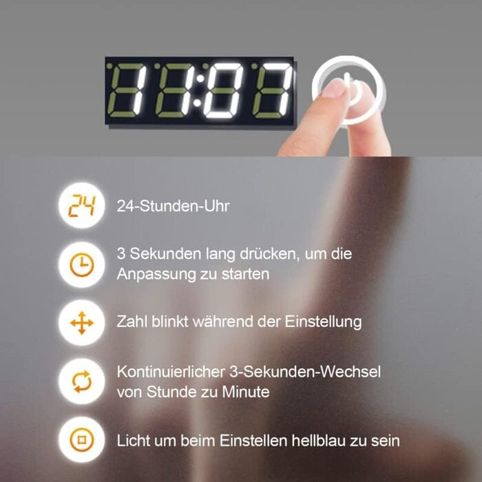 Дзеркало для ванної кімнати Badspiegel 50x70 см з годинником, 3 кольори підсвічування, сенсорний вимикач, прямокутне, 50x70x3.5 см