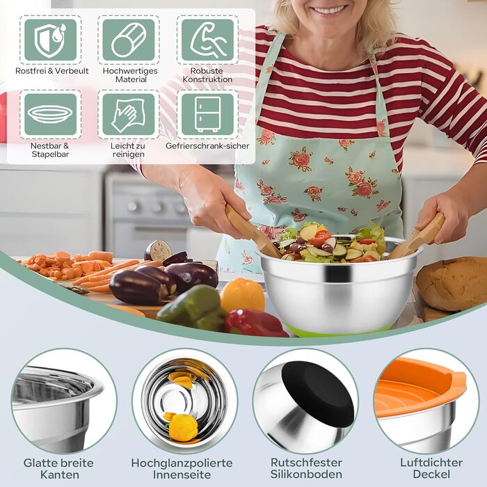 Набір мисок HaWare 6 шт. з нержавіючої сталі, 6 мисок + 6 кришок + 3 тертки, об'єм 4.6/2.8/2.5/1.6/1.2/0.7л, з антиковзним силіконовим дном, для миття в посудомийній машині