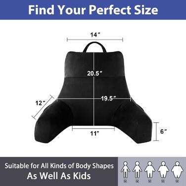 Подушка для читання з підлокотниками для дорослих, спинка для сидіння в ліжку, подушка з подрібненим пінополіуретаном з кишенями та знімним, пральним чохлом, для відпочинку, перегляду телевізора (Чорний, Стандартний L(20 дюймів))