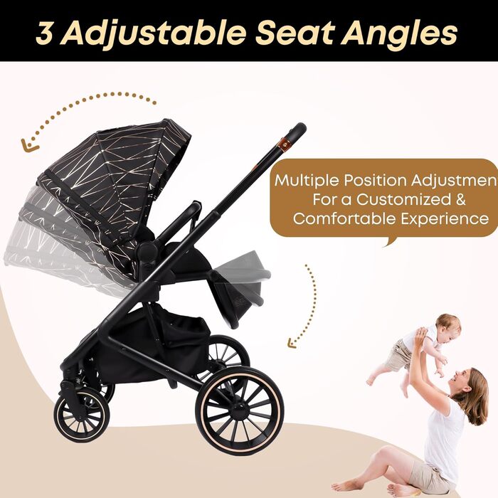 Дитяча коляска 2-в-1 BabyVoyage з люлькою та прогулянковим блоком, поворотні колеса 360°, амортизація, регульована ручка, складана, аксесуари, колір зелений (чорний-золотий)
