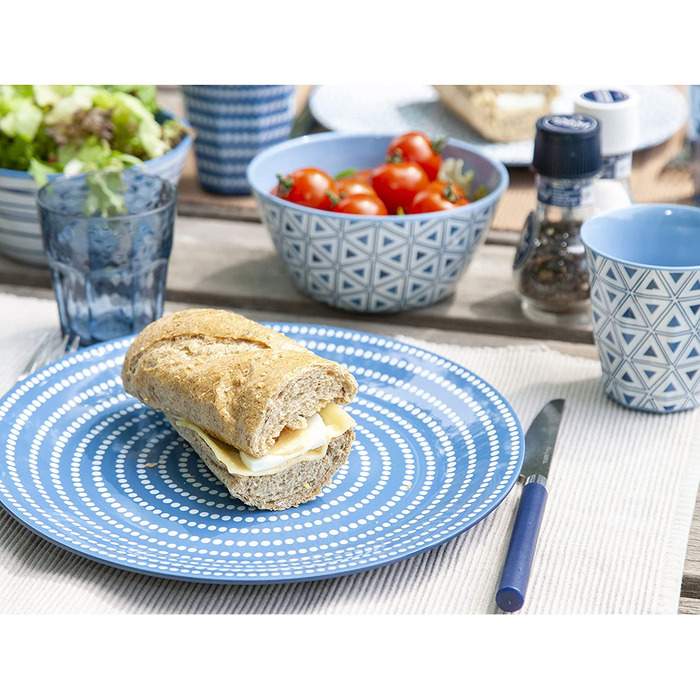 Набір посуду для кемпінгу на 4 особи, блакитно-білий, з меламіну, 16 предметів. Ідеально для кемпінгу, автодому та пікніків