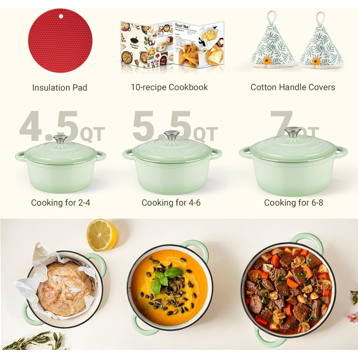 Чавунна казан-каструля Overmont з емалевим покриттям 26см, 5.2л, Bean Green — універсальний горщик для тушкування та запікання з кришкою та кулінарною книгою