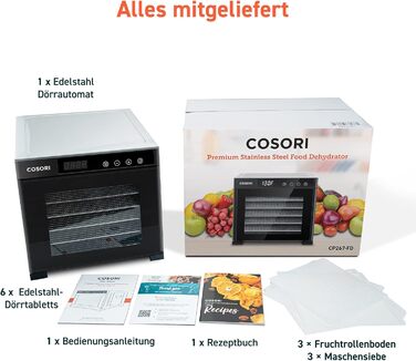 COSORI Дегідратор продуктів з 50 рецептами, 6 піддонів, 3 сітки, 3 килимки, площа 0,6 м², таймер 48 год, LED-дисплей (35°-75°C), 650W, сірий
